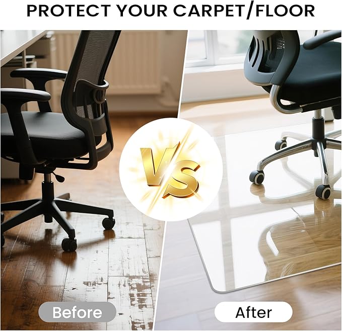 Tempered Glass Chair Mat with Lip, 53" x 45" Heavy-Duty Office Floor Protector for Under-Desk Reach, for Carpet & Hardwood, 1/5" Thick