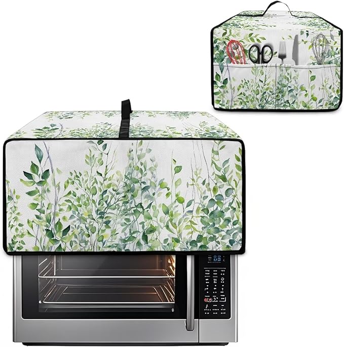Toaster Oven Dust Cover with Storage Pockets, Dust-Proof Kitchen Appliance Protector for Small Appliances Convection Ovens, S, 14.5 x 18.5 x 9 Inches, Green Leaf White