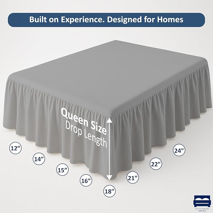 Cottingon Ruffled Bed Skirt with Split Corners-Dust Ruffle - 22" Drop 100% Microfiber Soft,Sheen & Luxurious Look - Bed Skirts (Light Grey -Queen)