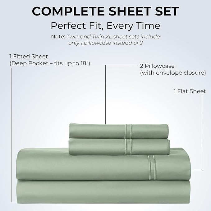 100% Natural Cotton Bed Sheets | 500 TC Single-Ply Sateen Weave Cal King Sheet Set | Breathable & Hypoallergenic Solid 4-Piece Bedding with Deep Pocket Fitted, Flat, Pillowcase | Sage