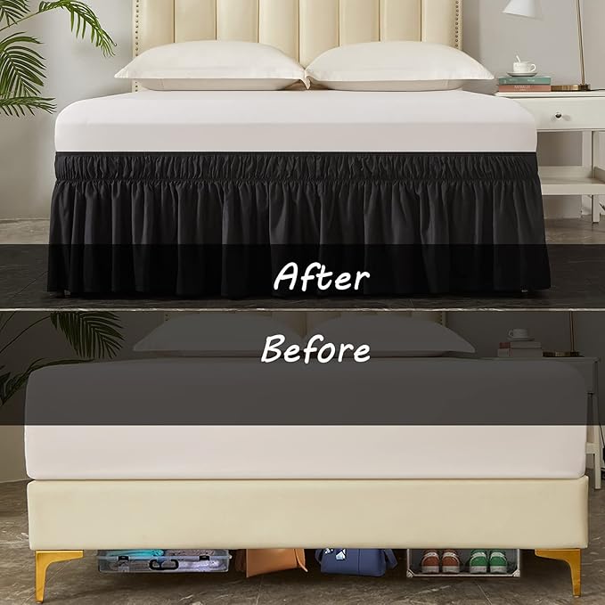 MEILA Wrap Around Bed Skirt Three Fabric Sides Elastic Dust Ruffled 18 Inch Tailored Drop,Easy to Install Fade Resistant-Black, Twin/Full