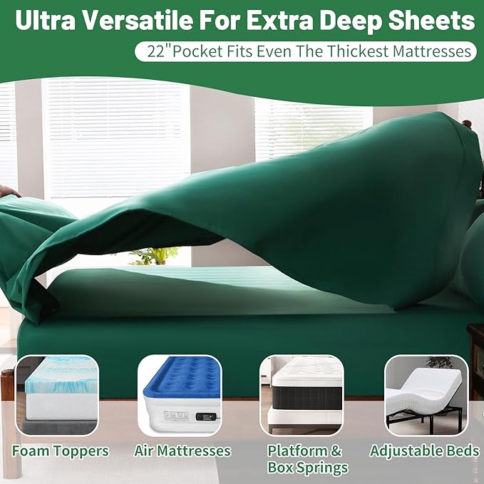 Extra Deep Pocket King Sheets 18-24 Inch 100% Egyptian Cotton 1000 Thread Count Sateen Weave Soft Breathable 4 Pieces（King，Dark Green）