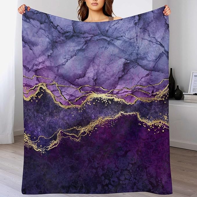Modern Marble Blanket, Abstract Luxury Baroque Art Golden Purple Stone Veins Pattern Soft Warm Cozy Plush Flannel Covers for Livingroom Bedroom Couch Chair Camping Travel Home Decor Tapestry 60x80in