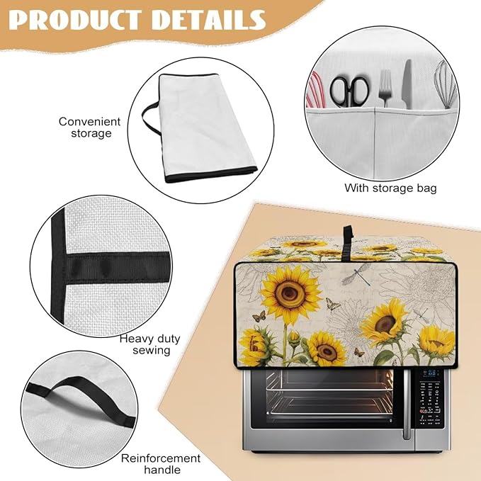 Microwave Oven Dust Cover Waterproof Toaster Oven Cover with Top Handle Dust-Proof Kitchen Appliance Protector Dirt and Fingerprint Protection, Sunflower Dragonfly Butterfly Letter Print, S