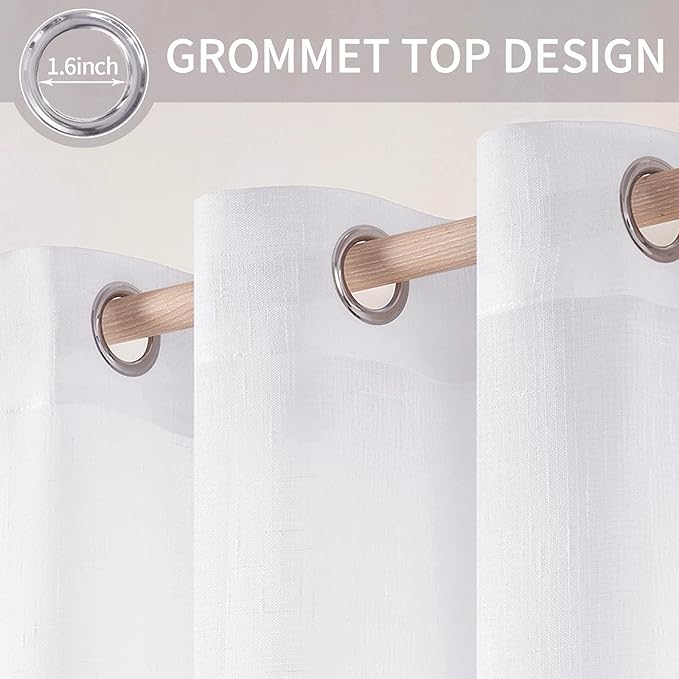 MIULEE Natural Linen Sheer Window Curtains - Elegant Solid White Drapes Grommet Top Voile Panels for Bedroom Living Room (52X96 Inch)