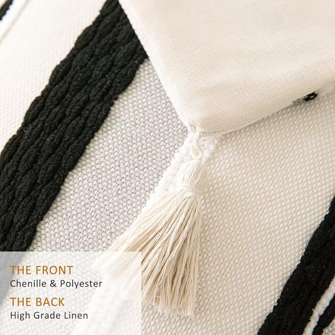 Boho Throw Pillow Covers 18x18 Set of 2 Woven Tufted Farmhouse Pillows Cover with Tassels Textured Stripe Cushion Case Neutral Pillow Cases Decorative Pillowcase for Couch,Black and White