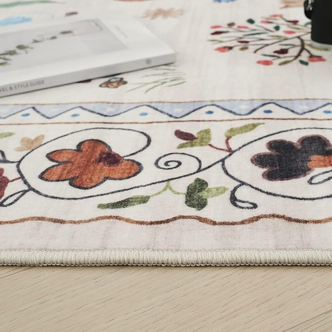 Rugcomf Bedroom Rug 3x5 Rug Washable Area Rug Non Slip Low Pile Boho Floral Animal Cat Small Carpet for Bedroom Bedside Kitchen Entryway Kids Room Office College Dorm Essentials for Girls, Beige