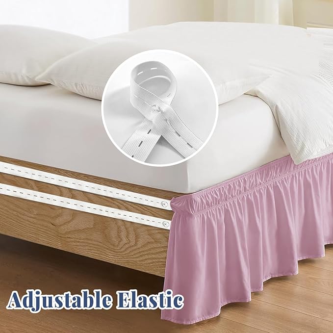 Twin Bed Skirt, Elastic Wrap Around Bed Skirt Twin Size, Bed Skirts for Adjustable Bed, Easy Fit with 14" Drop Length Tailored Drop Dust Ruffle (Pink)