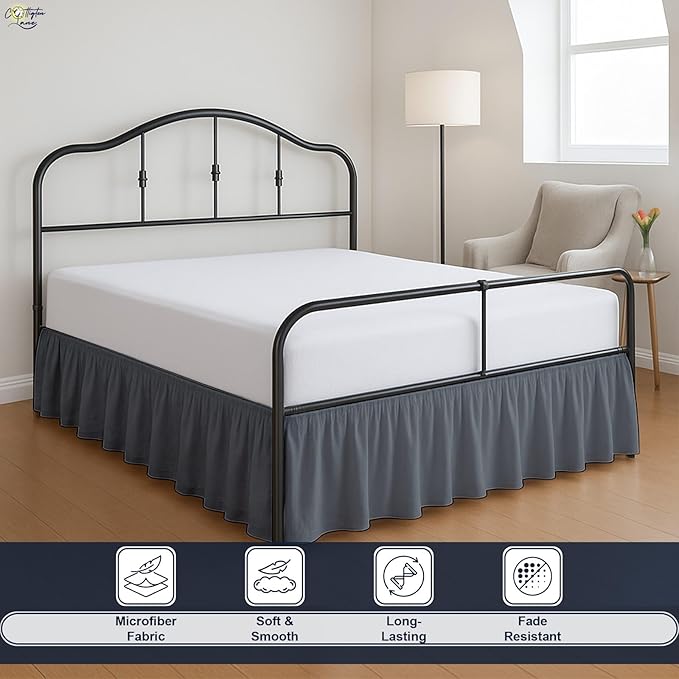 Cottington Lane Ruffled Bed Skirt Twin Size with Split Corner, Brushed Microfiber Hotel Quality Dark Grey Dust Ruffle, 18 Inch Drop Gathered Bedskirt, Soft and Stylish, Shrinkage and Fade Resistant