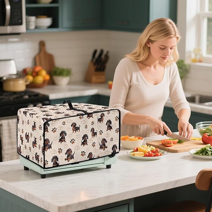 Dachshund Dog Heart Paw Print Toaster Oven Cover with Storage Bags Waterproof Dust Cover for Microwave Oven Polyester-Linen Fabric Small Appliance Dust Covers Fits Most Microwaves, S