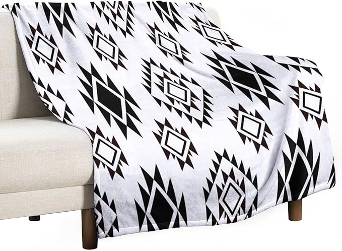 Boho Throw Blanket, Black and White Native Blankets, Vintage Tribal Aztec Printed Flannel Blanket for Chair Bed Sofa Couch 50"x60"