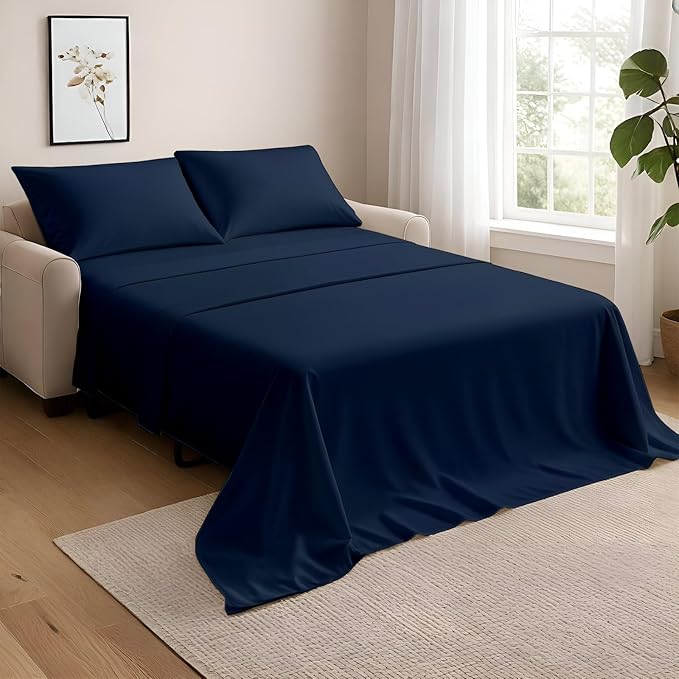 NON Sticky cotton Queen Size Sleeper Sofa Sheets, 4 Piece Egyptian Cotton Bed Sheet Set for Sofa Bed, 10" Deep Pocket for Pull Out Couch Mattress, 60" x 75", Navy Blue Solid, Soft & Breathable