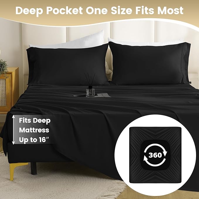 Twin Sheet Set - 3 Piece Super Soft Breathable Bed Sheet & Pillowcase Set, 16" Deep Pocket Hotel Luxury Wrinkle Free Easy Care Bedding Sheets, Black