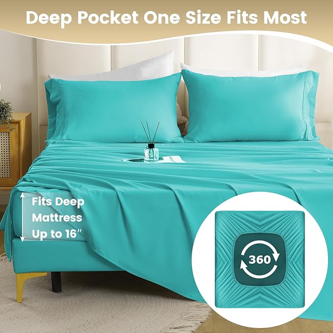 Holtel Luxury Twin Size Sheet Set - 3 Piece Soft Microfiber Sheets for Twin Size Bed, 16" Deep Pocket Easy Care Wrinkle Free Cooling Bedding Sheet and Pillowcase Set, Turquoise
