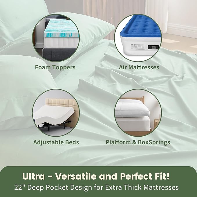 100% Linen Sheet Set King Size Extra Deep Pocket Fits 18-24 Inch Mattress, Breathable & Soft, Smooth 6-Piece Set for Thick Mattresses Hotel Luxury Bedding（King, Sage Green）