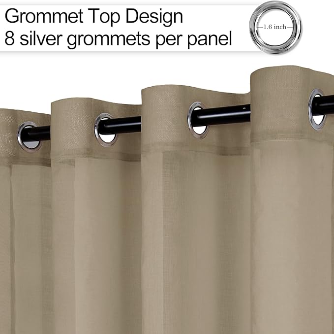 XWZO Camel Sheer Curtains for Living Room Bedroom - Faux Linen Look Voile See Through Drapes Grommet Top Window Curtain Panel, 52 x 90 Inches Long, Set of 2 Panels