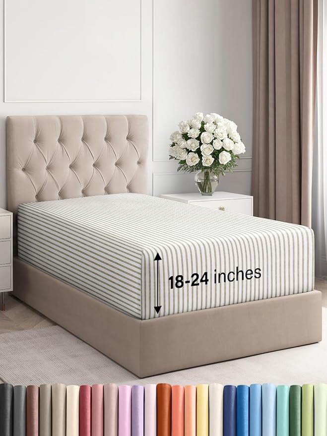 Extra Deep Twin Fitted Sheet - Hotel Luxury Single Fitted Sheet Only - Easily Fits 18 inch to 24 inch Mattress - Ultra Soft, Wrinkle Free with Extra Deep Pockets - Breathable & Comfy - Beige Stripes