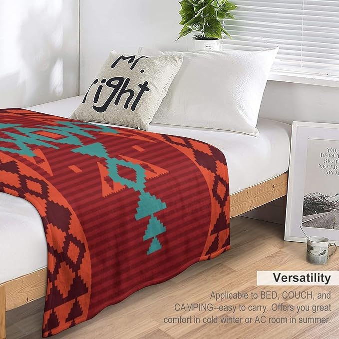 Aztec Throw Blanket, Red Native Southwestern Boho Blanket for Couch Bed Chair Outdoor Travel 50"x60"