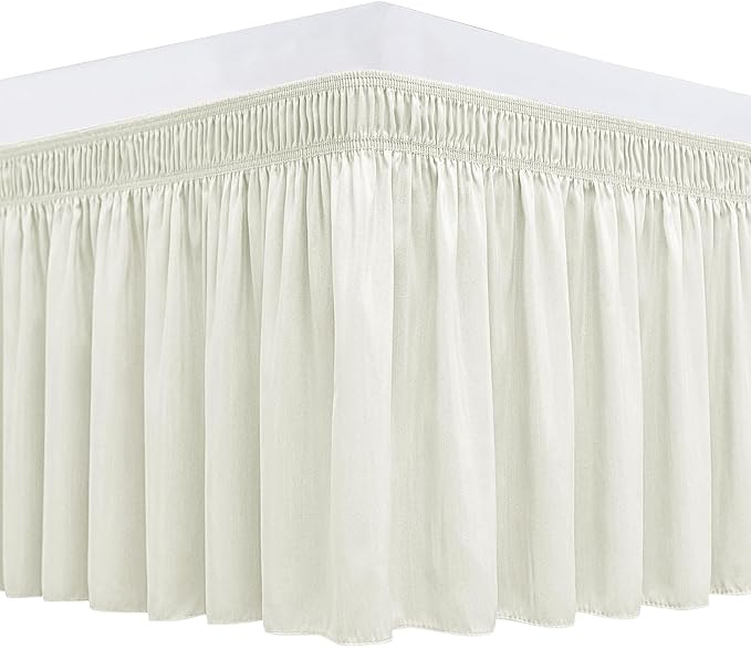 Biscaynebay Wrap Around Bed Skirts for Queen Beds 17" Long Drop, Ivory Adjustable Elastic Dust Ruffles Easy Fit Wrinkle & Fade Resistant Silky Luxurious Fabric Solid Machine Washable