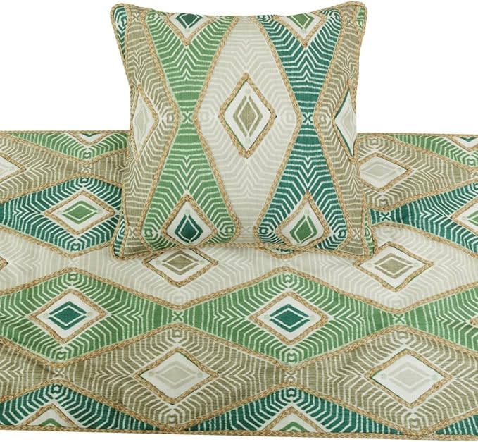 The HomeCentric King/Queen/Twin Green Designer Queen 74"x18" Bed Runner with 2 Pillow Cover, Aztec, Jute Embroidery, Quilted, Tassels, Jute, Moroccan & Tribal Bed Scarf on Cotton Fabric - Chantico