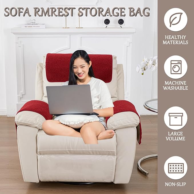 Armrest Cover, Recliner Chair Protector, Furniture Protector Slip, Side Storage Pocket, Stretch Armchair Couch Arm Rest Cover for Recliner, Chair, Sofa (Wine Red,1 Seater(3pcs))