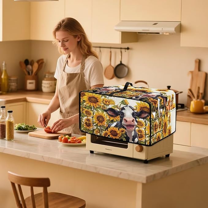Countertop Convection Oven Cover Dust Protection Air Fryer Toaster Oven Covers with Side Pockets, for Home Kitchen Decor, M, 16.5 x 20.5 x 10 Inches, Cute Cow Sunflower