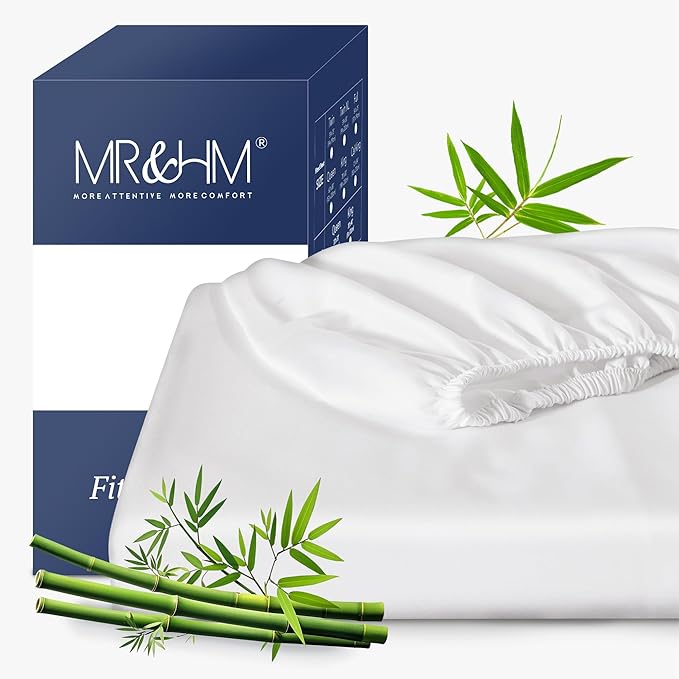 MR&HM Queen Fitted Sheet Only, Ultra-Soft Rayon Derived from Bamboo & Polyester Blend, Silky & Breathable, 15" Deep Pocket with Elastic Straps, Cooling Fitted Sheet for Hot Sleepers, White