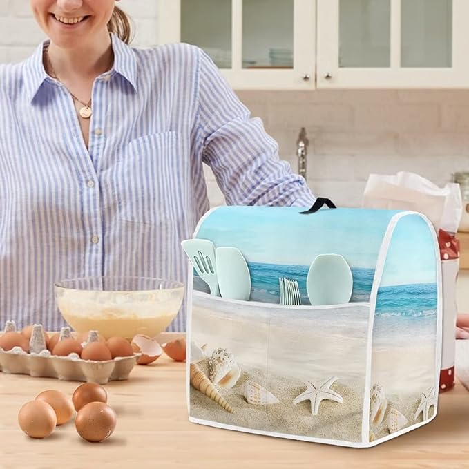 Fashion Mixer Covers Beach Print Indoor Kitchen Decorations, Polyester Dustproof Cover with Pockets for Stand Mixer, Compatible with Stand Mixer, S(4.5-5 qt)