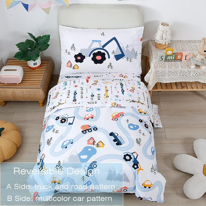 PERFEMET Cars Boys Comforter Set Twin Size 4 Pieces Reversible Truck Kids Bedding Set Soft Microfiber Vehicles Teen Boy Bed in a Bag with Sheets for All Season Use(White, Twin)