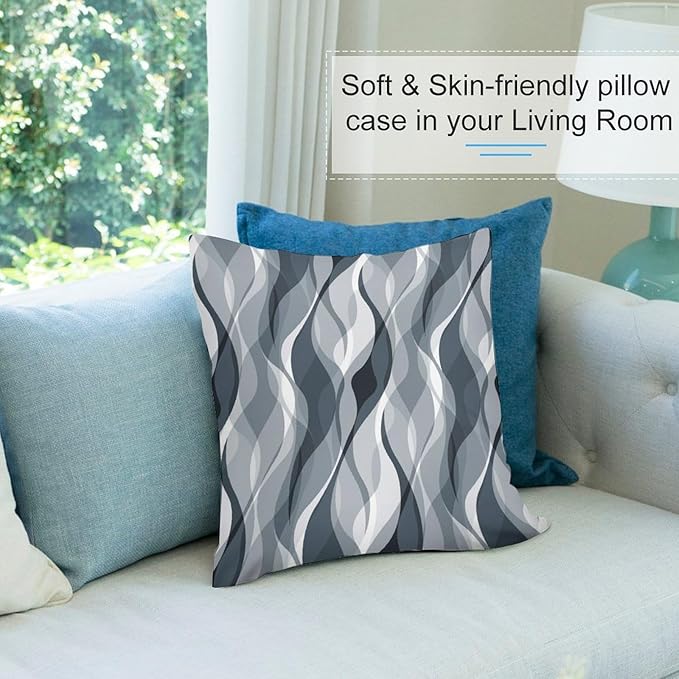 Blue Throw Pillow Covers Modern Abstract Blue and Grey Striped Decorations for Bedroom Living Room Farmhouse Sofa Pillows Bed Couch 18x18 Inch