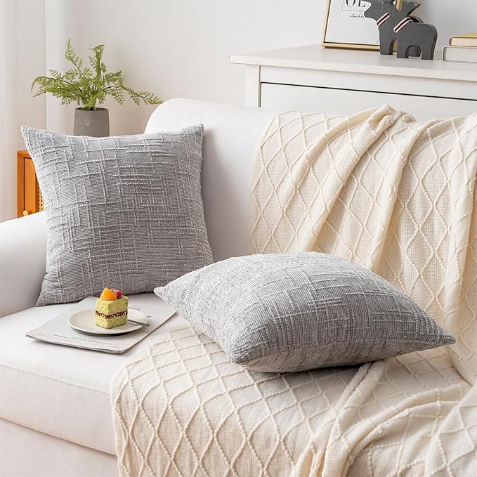 Decorative Throw Pillow Covers 20x20 Inch Set of 4, Soft Solid Farmhouse Chenille Couch Pillows, Spring Pillow Covers for Couch Sofa Bed Living Room Home Decor Pillowcase, Light Gray