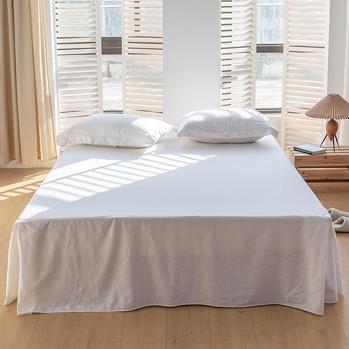 BISELINA French Linen Bed Skirt with Pleated Corner 18-Inch Tailored Drop Natural Flax Cotton Blend Basic Dust Ruffle Soft Cozy Farmhouse Bedding (18" King, Basic White)