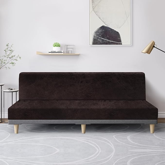 molasofa Leather Like Stretch Futon Slipcover Armless Futon Bed Sofa Cover Furniture Protector with Elastic Bottom, Soft and Washable Futon Cover for Sofa Bed Stay in Place（X Larger，Chocolate）
