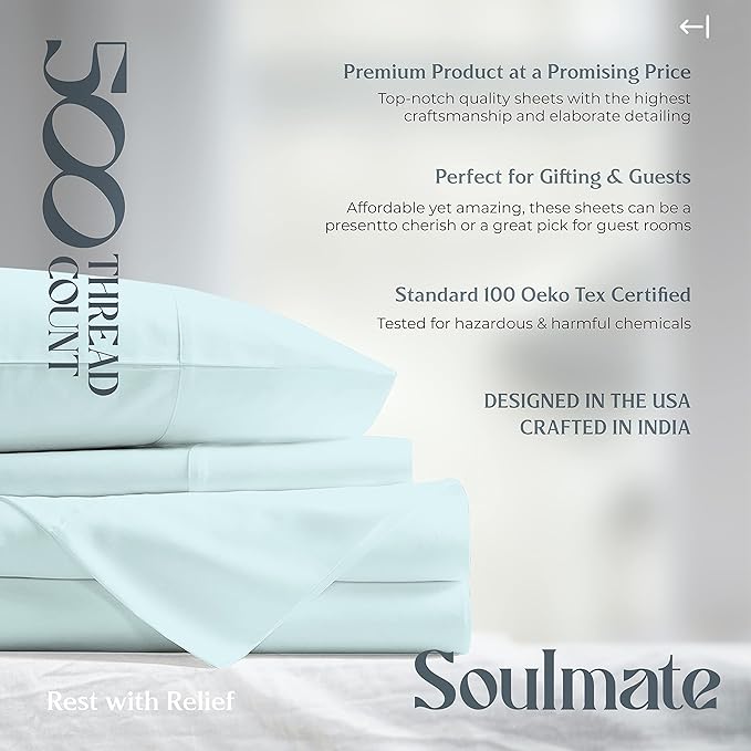 Mayfair Linen 500 Thread Count Split King Sheets Sets for Adjustable Bed - 5 PC Split King Size Bed Sheet Set Cotton (Sea Foam), Soft, Cooling, Sateen 16" Deep Pocket Bedsheet (Fits 18" Mattress)