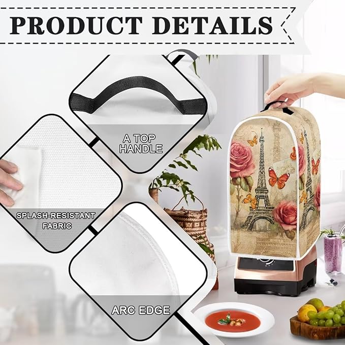 Talayituse Eiffel Tower Print Blender Dust Cover with Handle, Rose Butterfly Stand Mixer or Coffee Maker Appliance Cover Anti Fingerprint Dust Proof Stain Resistant Blender Cover for Home Kitchen