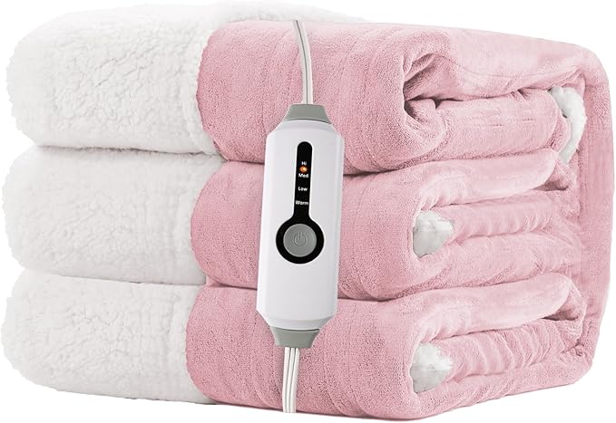 Electric Heated Blanket Full Size 72"x84" - Dual-Sided with Microplush & Sherpa Fabric, 4 Heat Settings & 10 Hours Auto Off, Machine Washable - Pale Pink