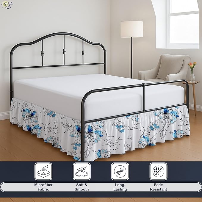 Cottington Lane Ruffled Bed Skirt Full Size with Split Corner, Brushed Microfiber Hotel Quality Dust Ruffle, 24 Inch Drop Gathered Bedskirt, Soft, Stylish, Shrink & Fade Resistant, Blue Blossom