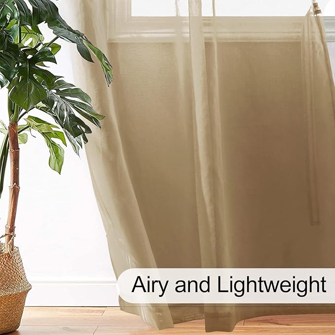 XWZO Sheer Curtains for Bedroom, Grommet Airy & Lightweight Light Filtering Faux Linen Window Curtains for Living Room, Kids' Room, Office with Tiebacks, Camel, W52 x L54, Set of 2 Soft Panels