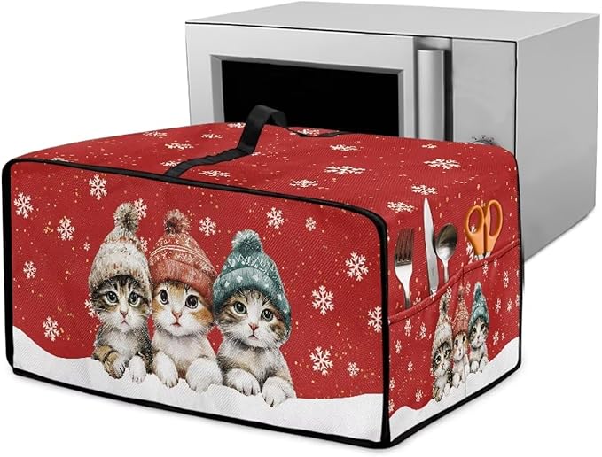 Toaster Oven Cover Dustproof Protective Countertop Convection Oven Cover with Side Pockets for Christmas Holiday Decorations, M, 16.5 x 20.5 x 10 Inches, Cat Snowflake Red