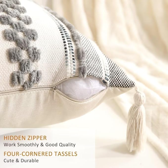 Boho Throw Pillow Covers 18x18 Set of 2 Woven Tufted Farmhouse Pillows Cover with Tassels Textured Striped Cushion Case Neutral Pillow Cases Decorative Pillowcase for Sofa Couch Bed,Gray