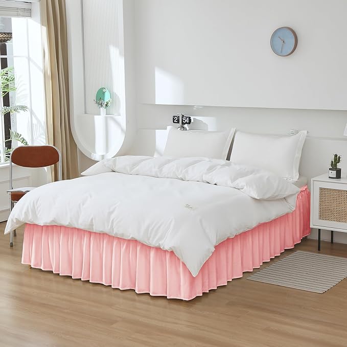 MEILA Wrap Around Bed Skirt Three Fabric Sides Elastic Dust Ruffled 18 Inch Tailored Drop,Easy to Install Fade Resistant-Pink, Twin/Full