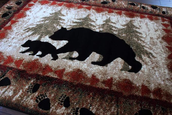 Masada Rugs, Cabin Lodge Area Rug Bear and Cub Scene (4 Feet X 5 Feet)