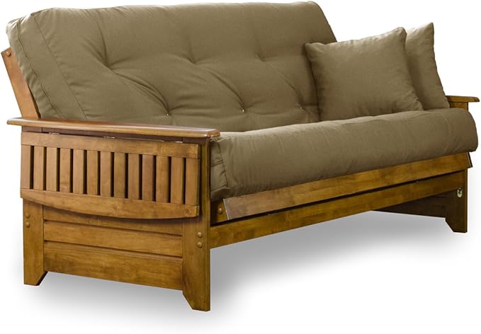 Nirvana Futons Brentwood Tray Arm Futon Sofabed Set - Full Frame, 8" Thick Khaki Mattress, Rich Heritage Finish