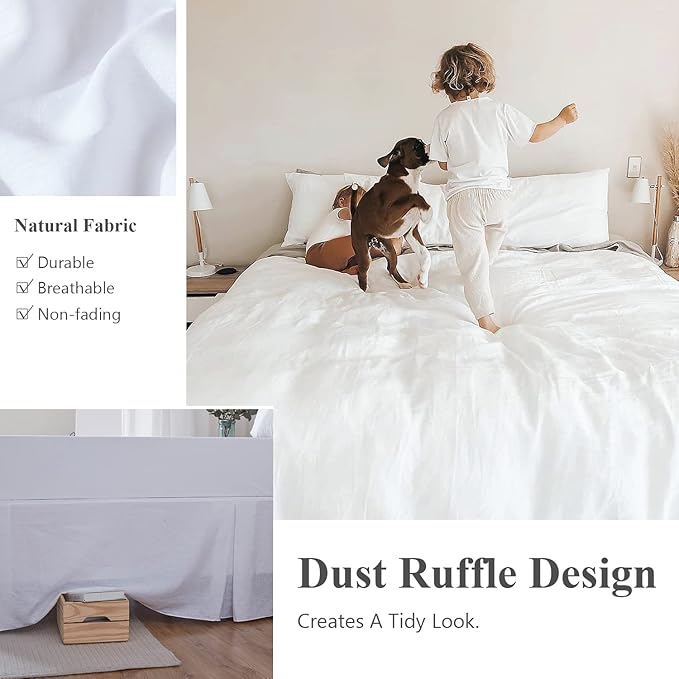 Simple&Opulence Belgian Linen Bed Skirt with Classic 14 inch Tailored Drop Dust Ruffle, Easy Fit Breathable Premium Natural Flax- Basic White, King