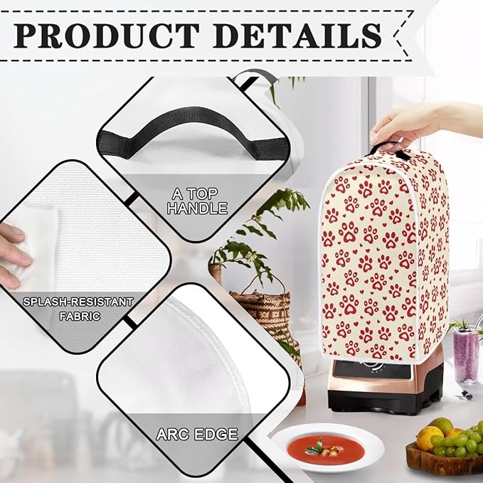 Talayituse Red Dog Paw Heart Print Blender Dust Cover, Fingerprint Protection Cover for Stand Mixer or Coffee Machine, Kitchen Appliance Covers for Stain Dust Resistant Supplies Valentine's Day Decor
