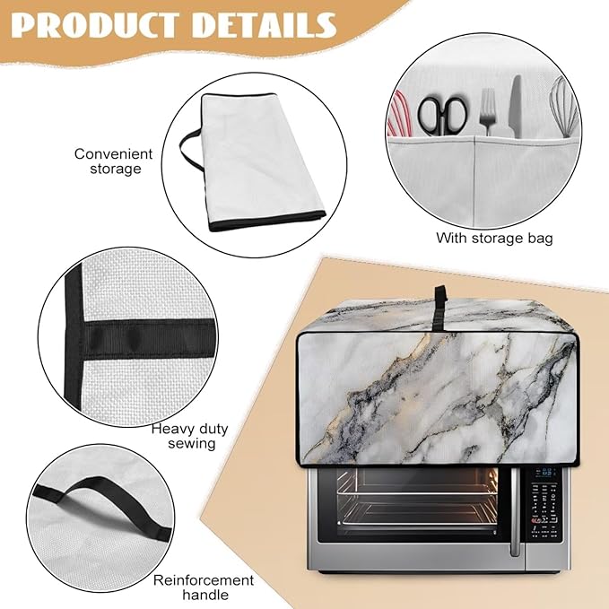 White Marble Texture Print Microwave Oven Dust Cover Sturdy Polyester-Linen Fabric Dust Cover for Microwave Oven Waterproof Universal Kitchen Appliance Protector, S