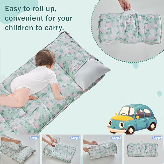 Toddler Nap Mat with Removable Pillow,Ultra Soft Slumber Bags for Girls,Kids Sleeping Bags with Roll Up Design, Perfect for Preschool,Daycare,Kindergarten