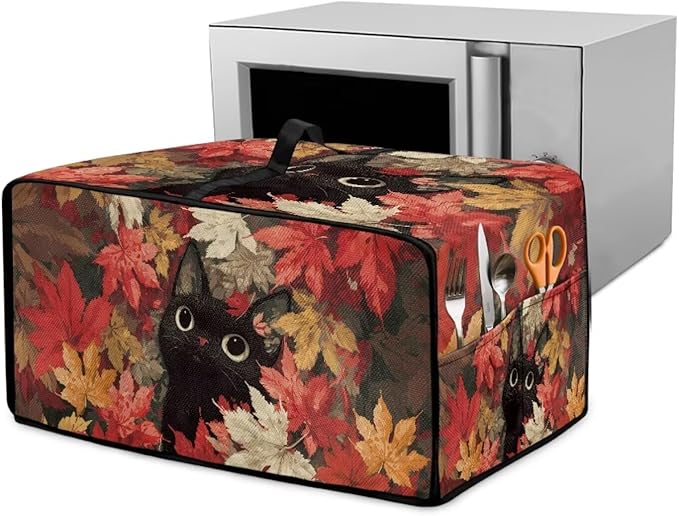 Cat Maple Leaf Print Toaster Oven Dust Cover with Storage Pockets Autumn Decor Dust-Proof Kitchen Appliance Protector for Small Appliances Convection Ovens Fall Decor, S