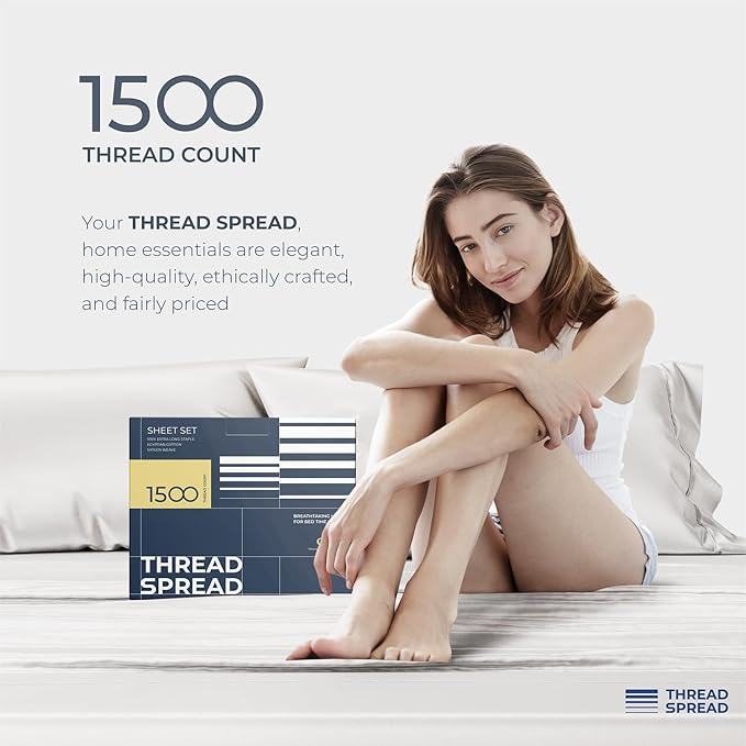THREAD SPREAD Egyptian Cotton Sheets King Size - 1500 Thread Count 4 PC Damask Sheet Set Egyptian Cotton, Luxury Sheet King Size, Soft, Cooling Deep Pocket Sheets, Fits Upto 19" - Dark Grey Stripe