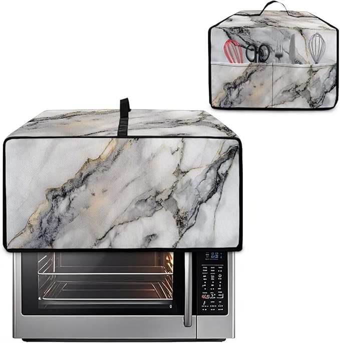 White Marble Texture Print Microwave Oven Dust Cover Sturdy Polyester-Linen Fabric Dust Cover for Microwave Oven Waterproof Universal Kitchen Appliance Protector, M